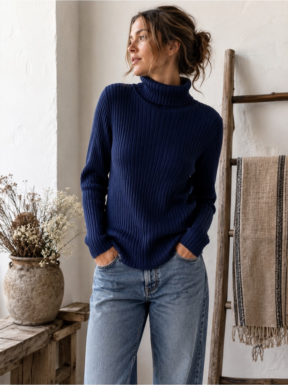 Kim Rogers 100% Cotton Ribbed Turtleneck Sweater Navy L